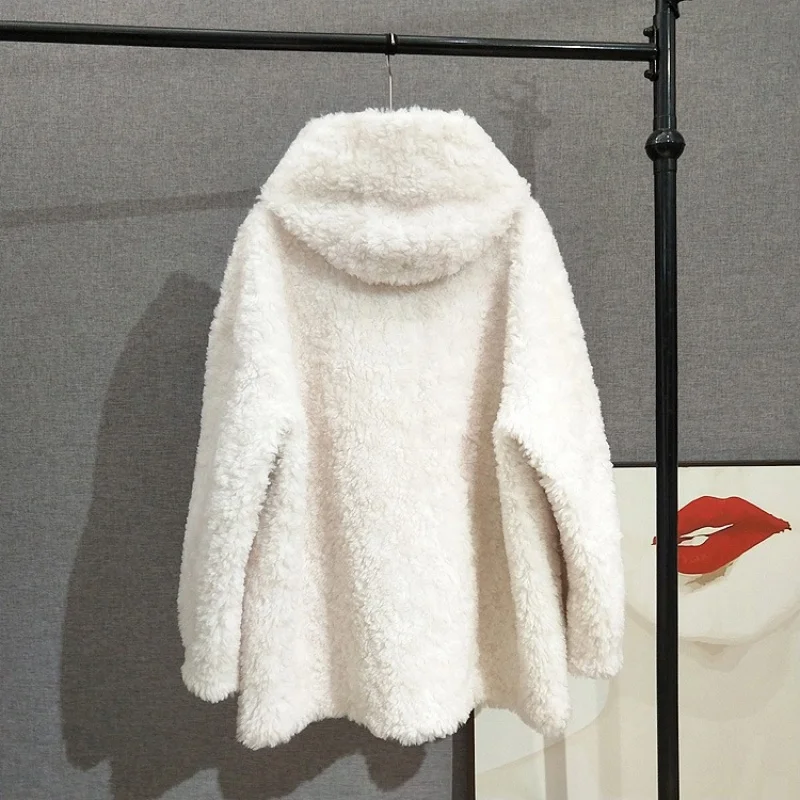 Full Wool Youthful Hooded Shearling Coat Women's Lamb Fur Warm Winter Mid-length Jacket JT543