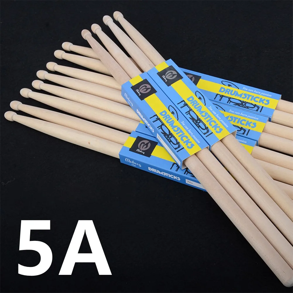5A Drumsticks Designed for Drum Sets and Practice Pads Using Resilient Wood Construction and Ergonomic Dimensions