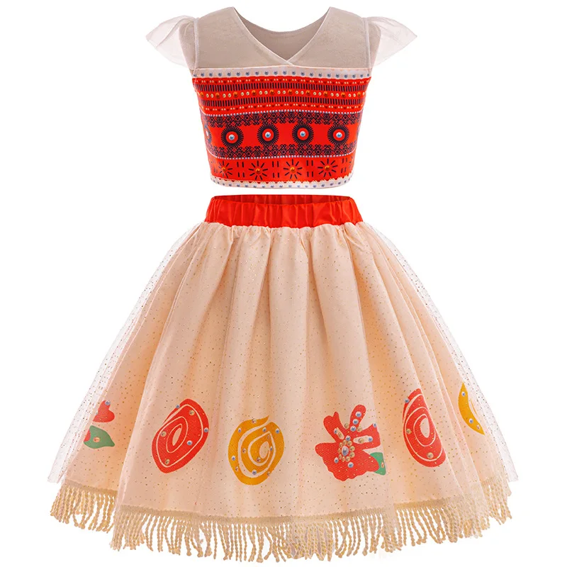 Tropical Island-Inspired Girls Dress Set – Boho Beach Festival Outfit with Natural Fiber Skirt & Shell Accents Girls Dress