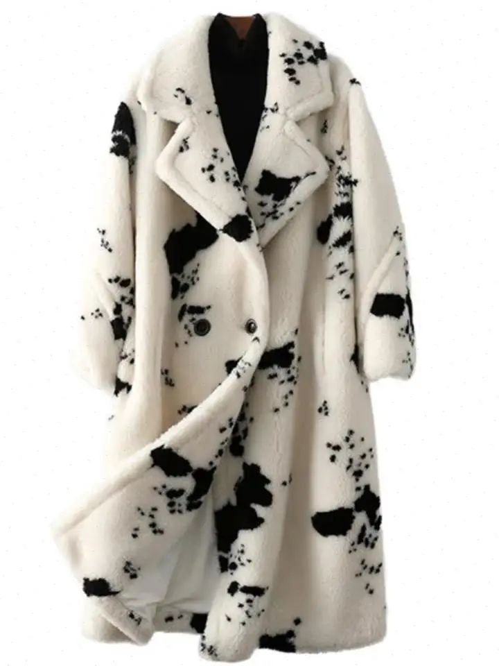Women's Winter Warm Wool Fur Coat Sheep Cut Wool Coat Loose Lapel Long Print Fashion Casual Windbreaker Shaggy Fluffy