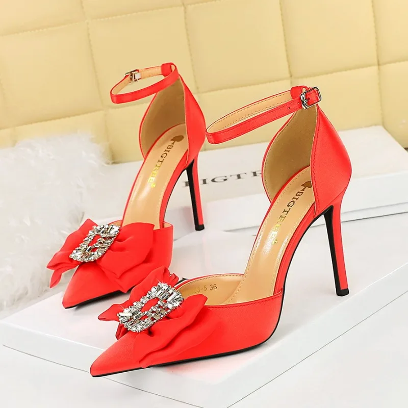 

BIGTREE Sexy White Women Dress Sandals Pointed Toe Party Rhinestone Silk 10CM Thin Heels Buckle Strap Casual Woman Shoes