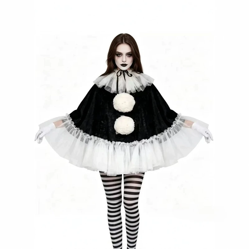 Clown-Cosplay-Vampirkostüm, schwarz-weißer Umhang, Maskenball-Kleidung, Komplettset für Damen, Halloween-Party