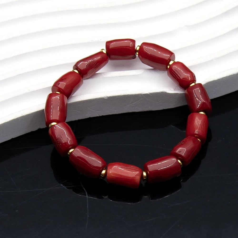 9-14 مللي متر المرجان الطبيعي سوار اللون الأحمر الخرز أسطواني الشكل مع اللون الذهبي خزر عازل الرجال والنساء هدية عيد ميلاد #4