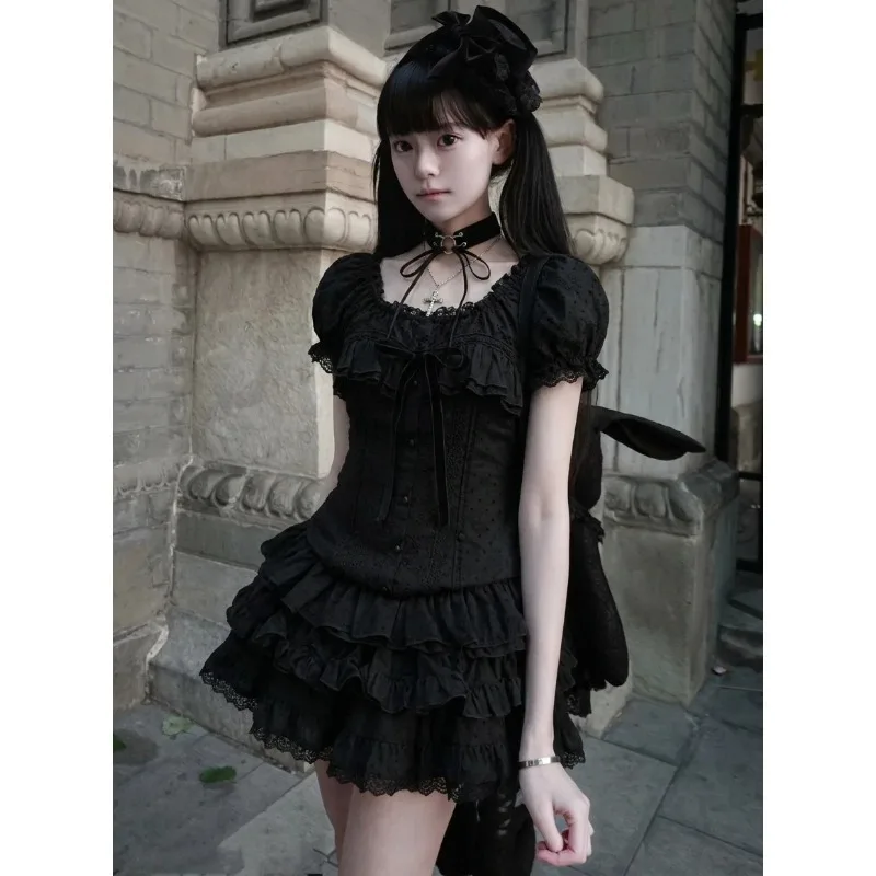 Japanese Light Asian Gyaru Y2k 2000s Gothic Punk 2pcs Chic U Neck Short Sleeve Top Retro Slim Short Skirt Harajuku Girl Outfits