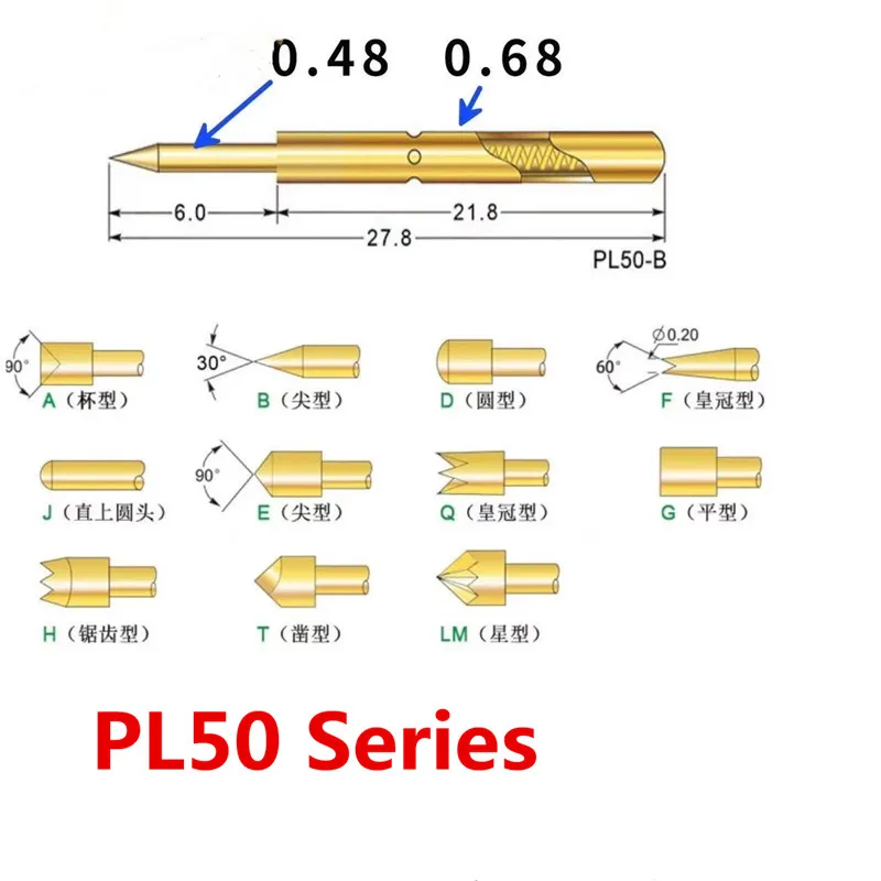 

20PCS/Bag Spring Test Pin L50-A2 B1 E2 D2 H2 J1 Q1 Q2 F1 Outer Diameter 0.68mm Length 27.8mm PCB Probe