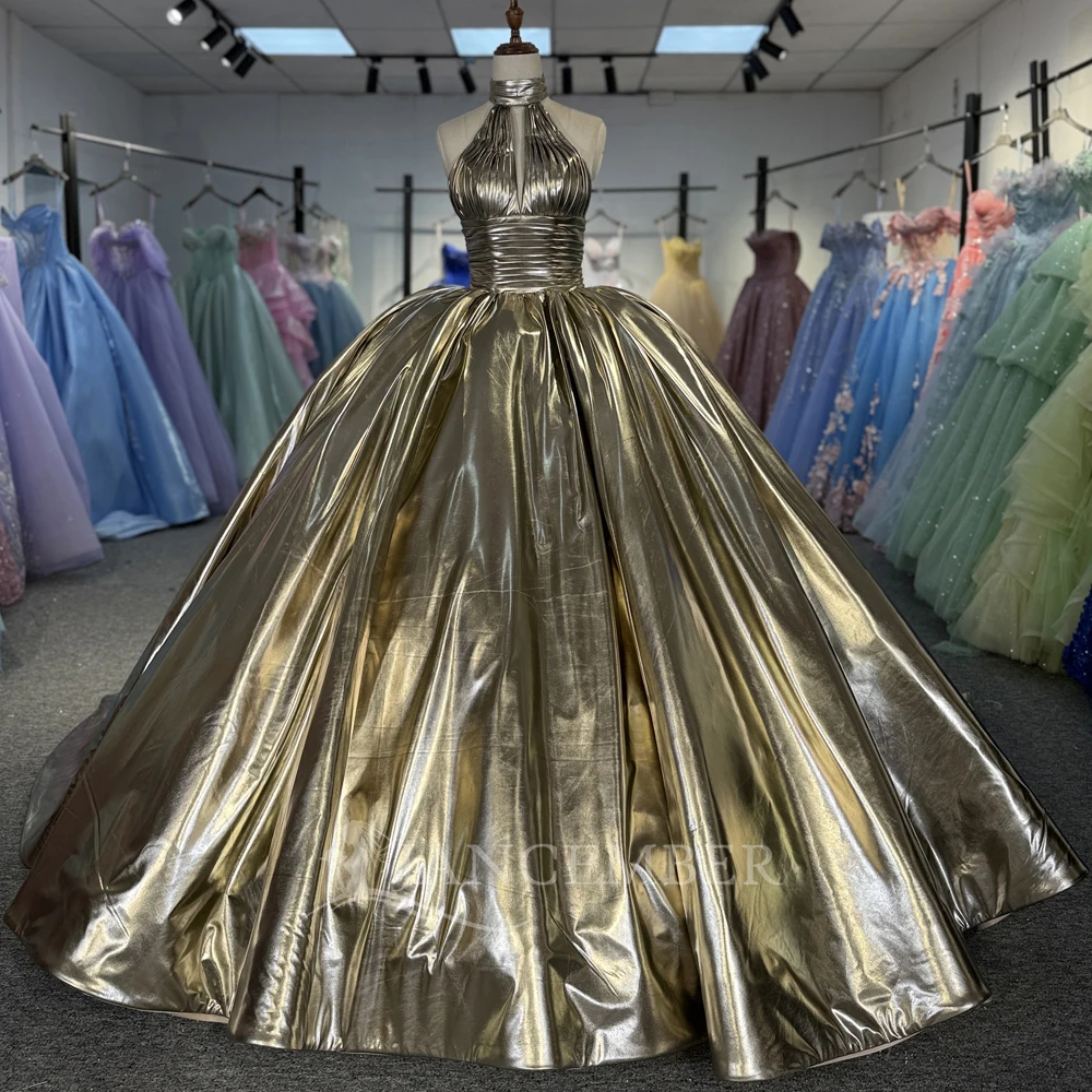 

Современное бальное платье Quinceanera, позолоченное кружево с лямкой на шее, платье 15 Anos, платье без рукавов по индивидуальному заказу, большие размеры, платья de 15, quinceañera