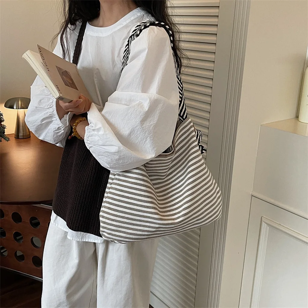Color-Block Handbag Lightweight 2026 Summer Bag Canvas Tote Bag Minimalist Large Capacity Shoulder Bag For Casual Dating Daily