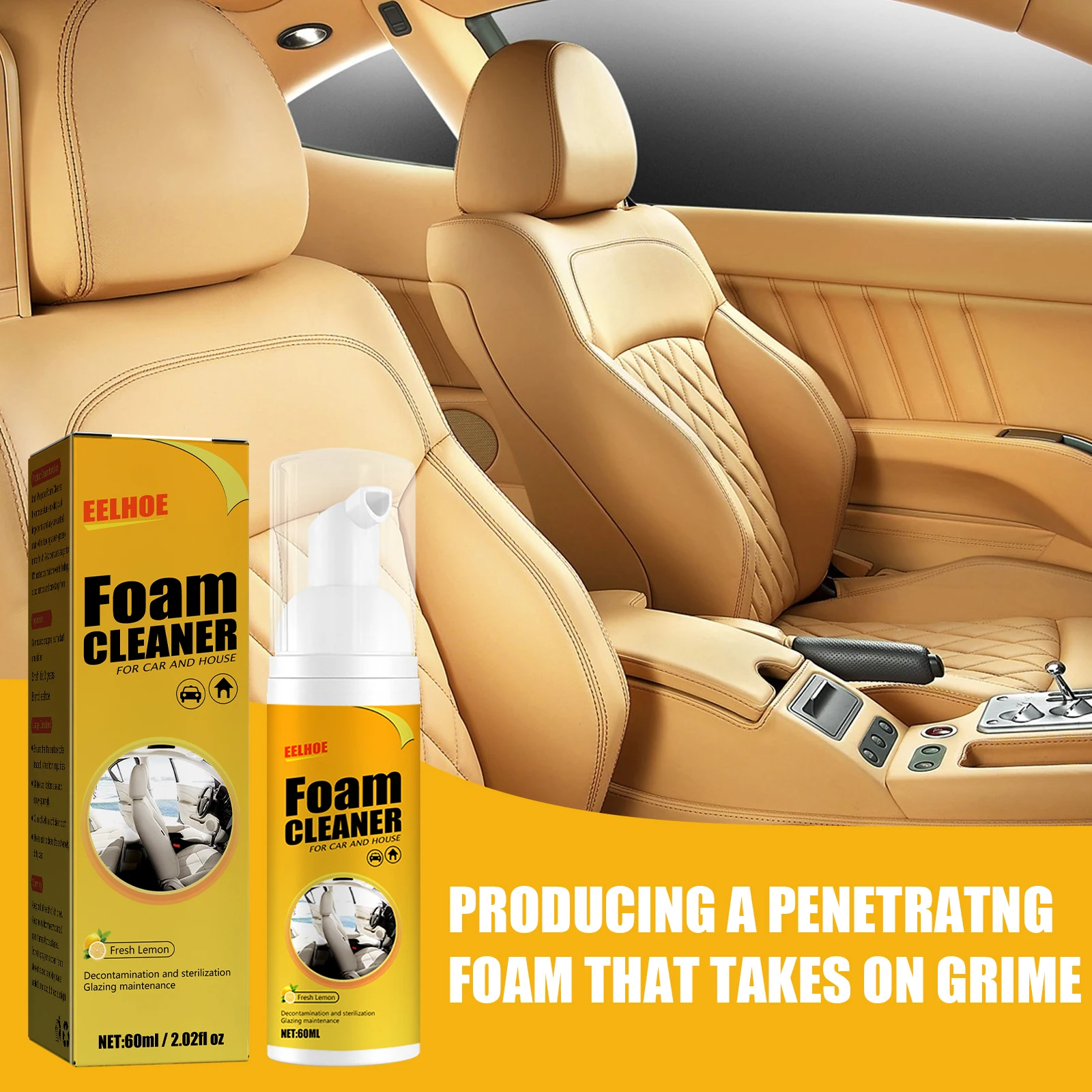 Multifunctional Foam Cleaner - Genuine Leather Seat Foam Head Cleaner Car Interior Stain Removal Cleaning, Waterless Auto Upholstery Cleanser with Brush Head for Leather Seats, Dashboard, Ceiling, Carpet, Fabric Odor Eliminator, Deep Clean Foam Spray
