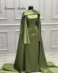 Olive Green Satin Muslim Evening Dresses Cape Sleeve Elegant Dubai Mermaid Luxury Formal Dress Elegant Dinner Dresses gala