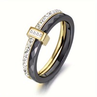 2 Layers Black/White Ceramic Crystal Wedding Rings Golden Color Rhinestone Engagement Ring