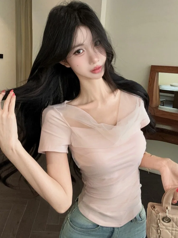 

Unique Design Short Sleeve Knitted Top Women's Summer New Style Mesh Splicing Breathable Beautiful Korean Style Citywalk Fashion