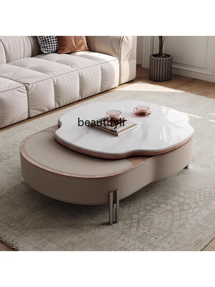 New MicroLite Coffee Table Living Room Lifting Rotating Saddle Leather Coffee Table Small Apartment Home Creative Designer