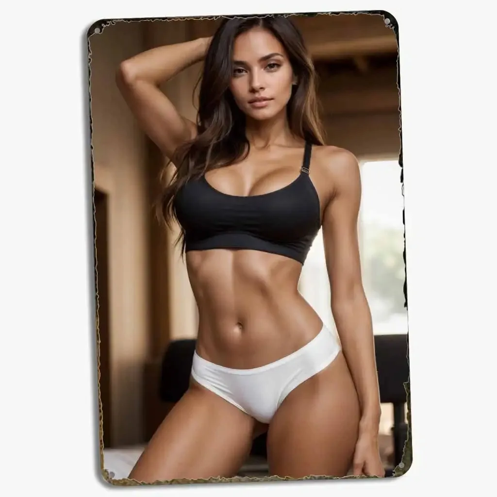 （2D Tin painting）HD Tin Sign Fitness Beauty in Black Sports Bra & White Briefs Retro Metal Wall Decor for Man Cave & Gym Deco