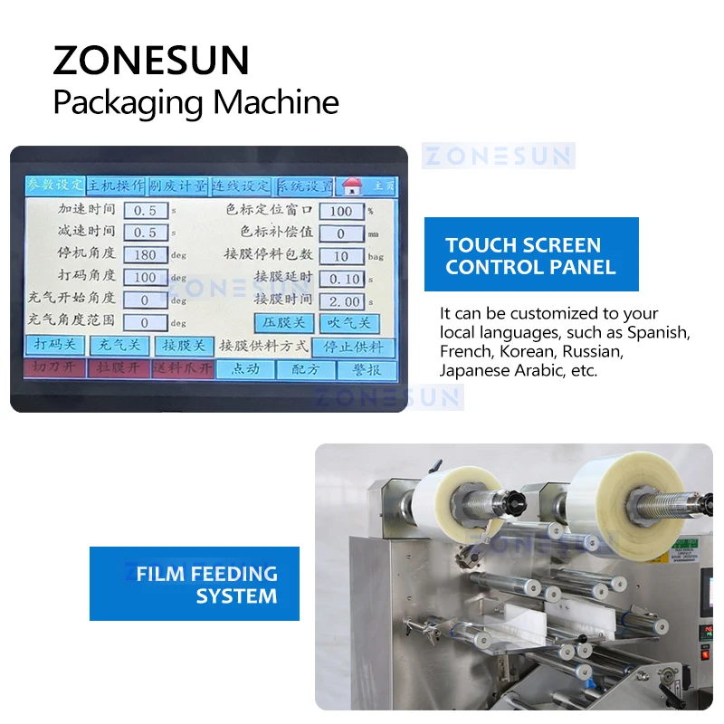 ZONESUN Horizontal Bagging Machine Full Automatic Bread Cake Snack Food Unscrambling Film Bag Sealing Packaging ZS-HYS350U