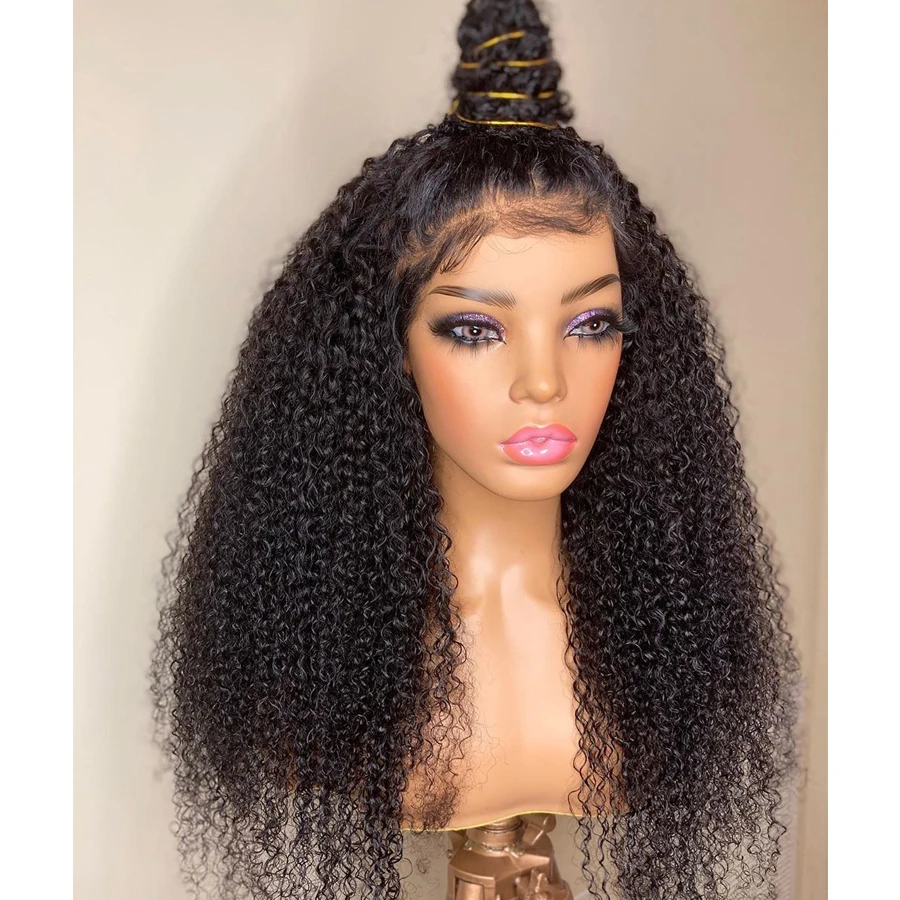 Peruca dianteira do laço longo Kinky Curly para mulheres, preto natural, cabelo do bebê, resistente ao calor, sem cola, pré-arrancadas diariamente, 180 densidade, 26"