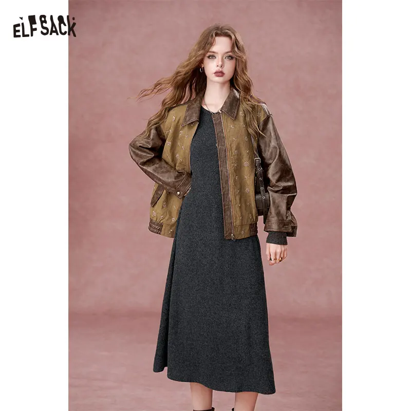 ELFSACK 2024 Autumn New Arrivals Casual waist cinching slimming round neck, knitted dress for women