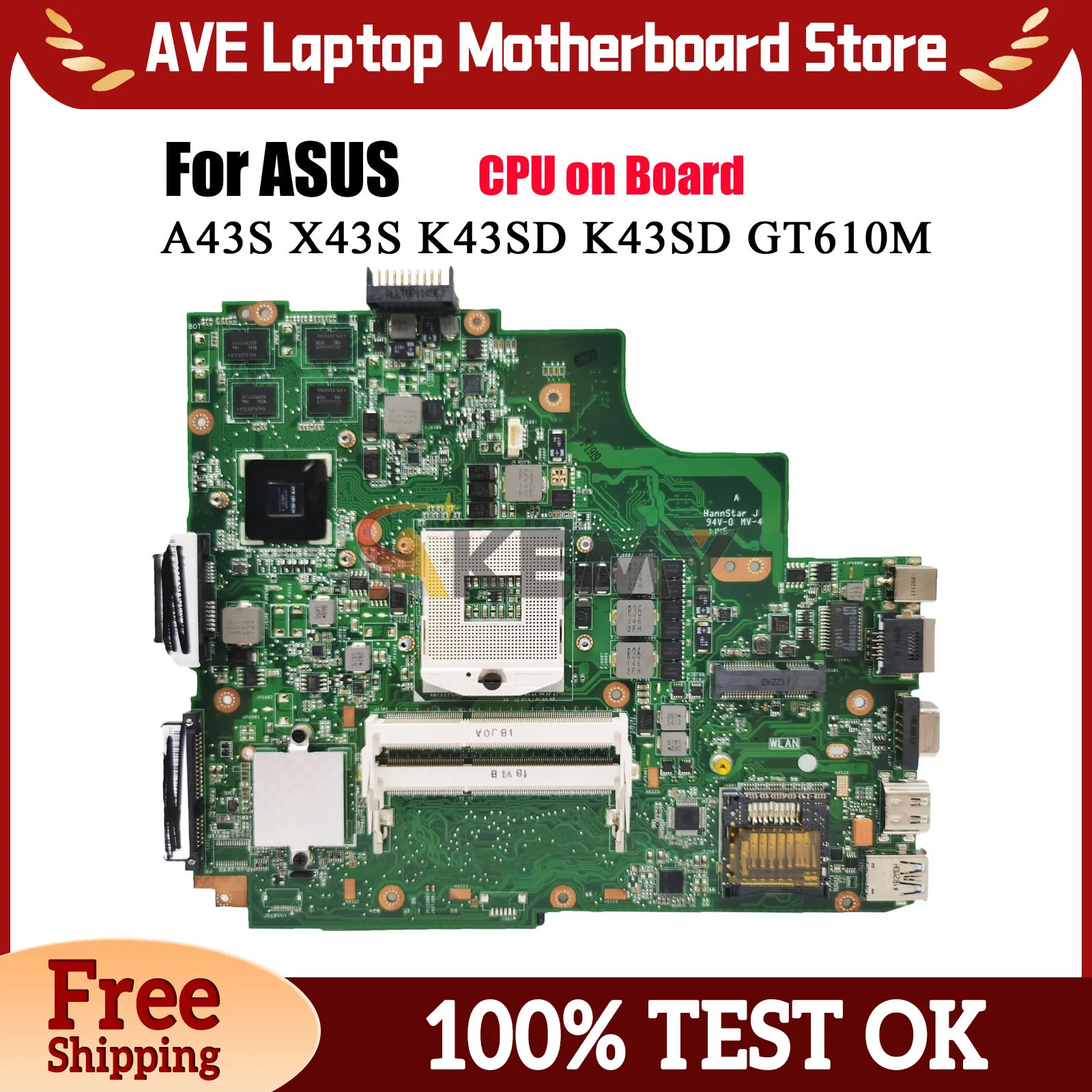 

K43SD Laptop Motherboard For ASUS K43SD K43SJ A43S X43S K43SM K43SV K43S Notebook Mainboard With CPU tests OK fast shipping stk