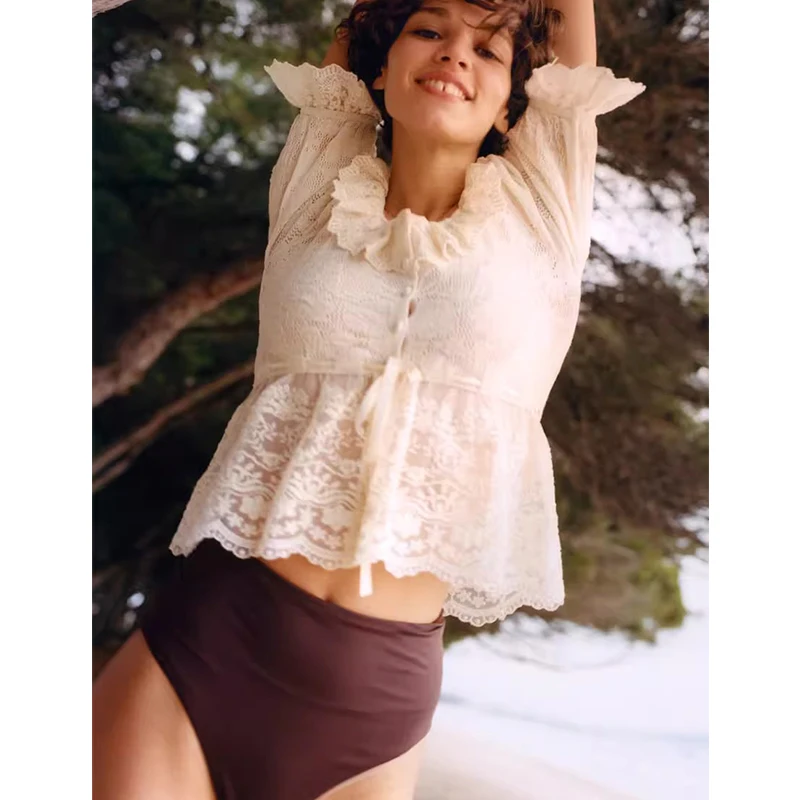 Frühling Neue Damen Einfache Sle Spitze Trim Splice Taille in Gestrickte ort Sve Top Polyester Faser 00% Frühling Sommer Faion