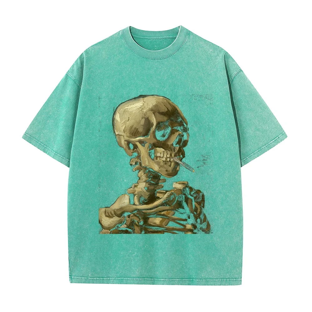 Vincent Van Gogh Skull With Cigarette Skeleton anti-smoking T-Shirt Camisa Masculina Men's Clothing Women's Short Sleeve Casual