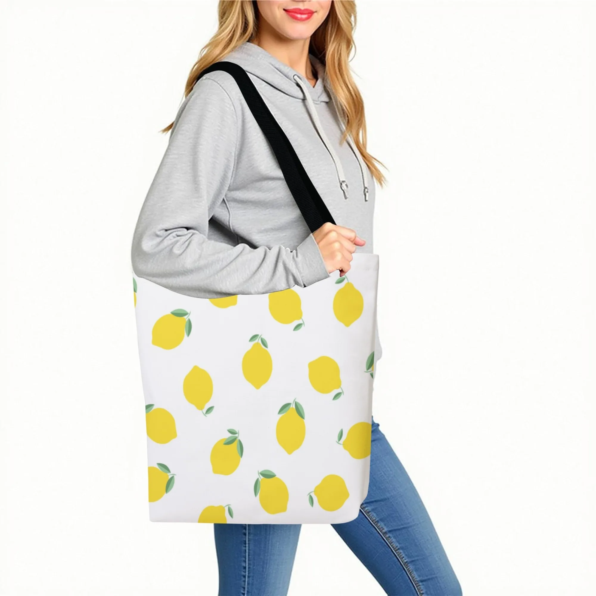 

Холщовая большая сумка со свежим лимоном и принтом фруктов, женская стильная многоразовая сумка для покупок, идеально подходящая для летних эстетических любителей и повседневной жизни