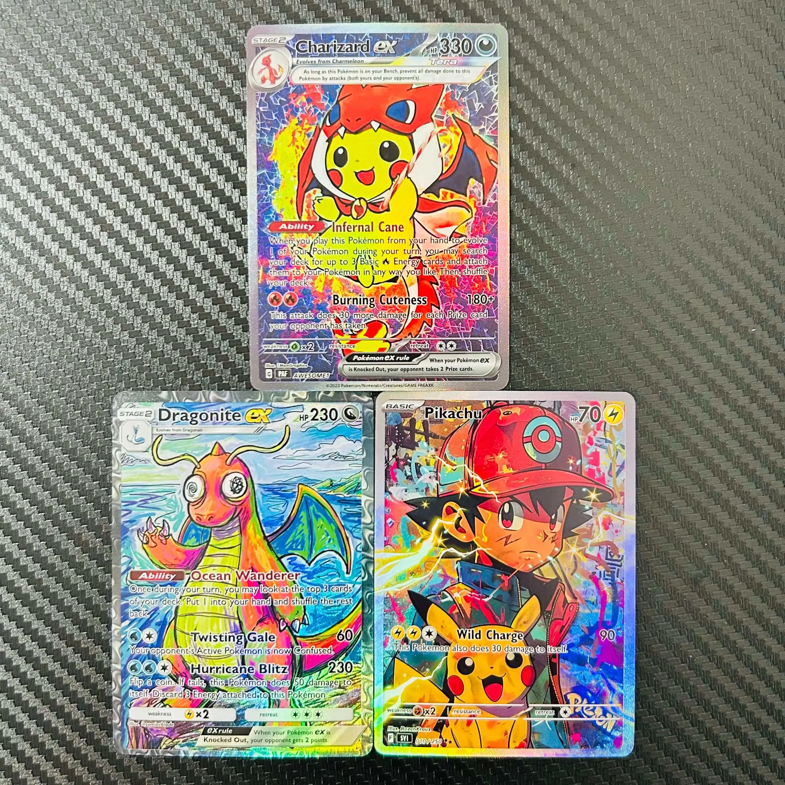 

DIY Pokemon Charizard Dragonite Pikachu 3pcs Holographic Texture English Version Premium Anime Collection Card Perfect Condition