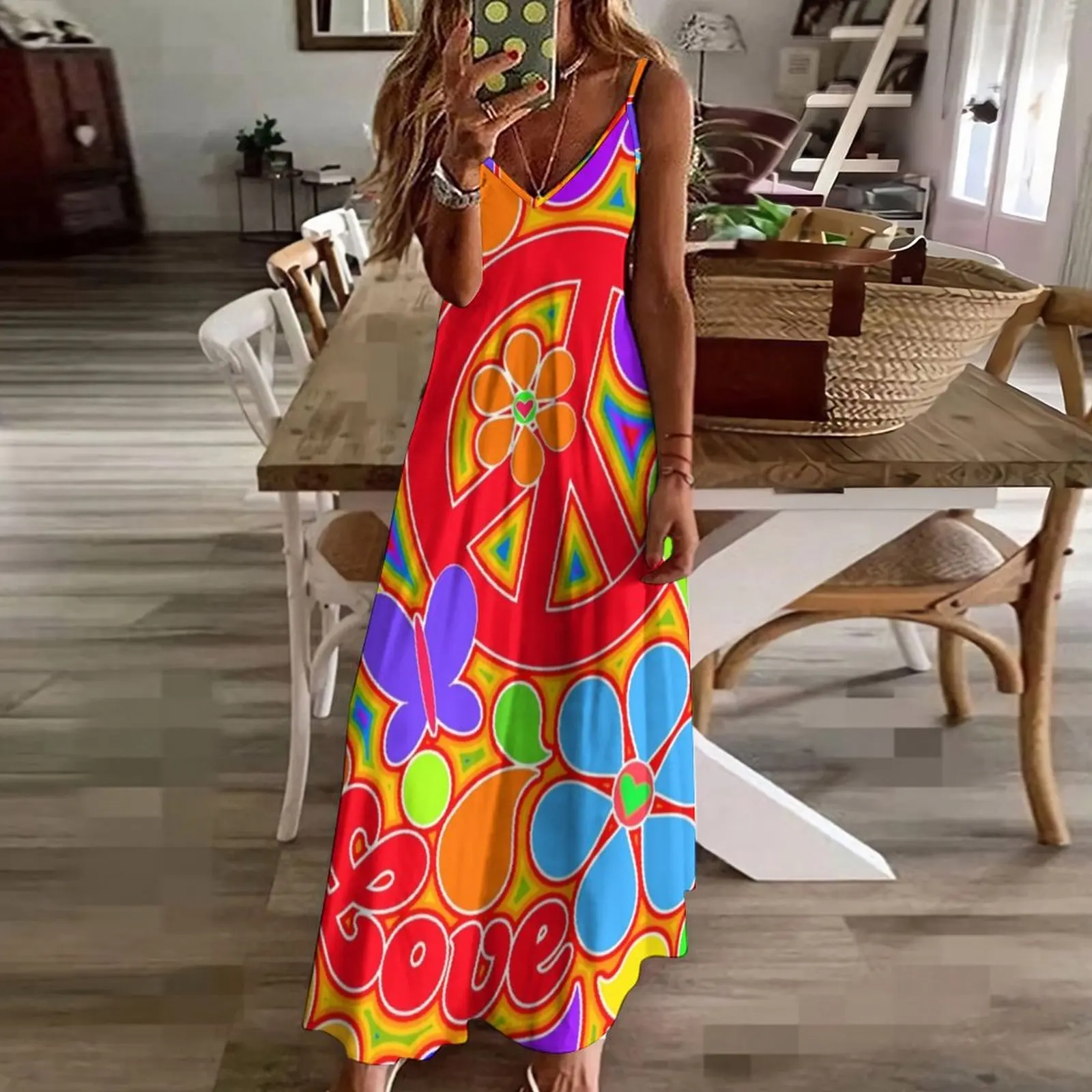 Vestido sin mangas de arte Pop de arco iris para mujer, ropa femenina colorida, paz y amor, flor de poder artístico