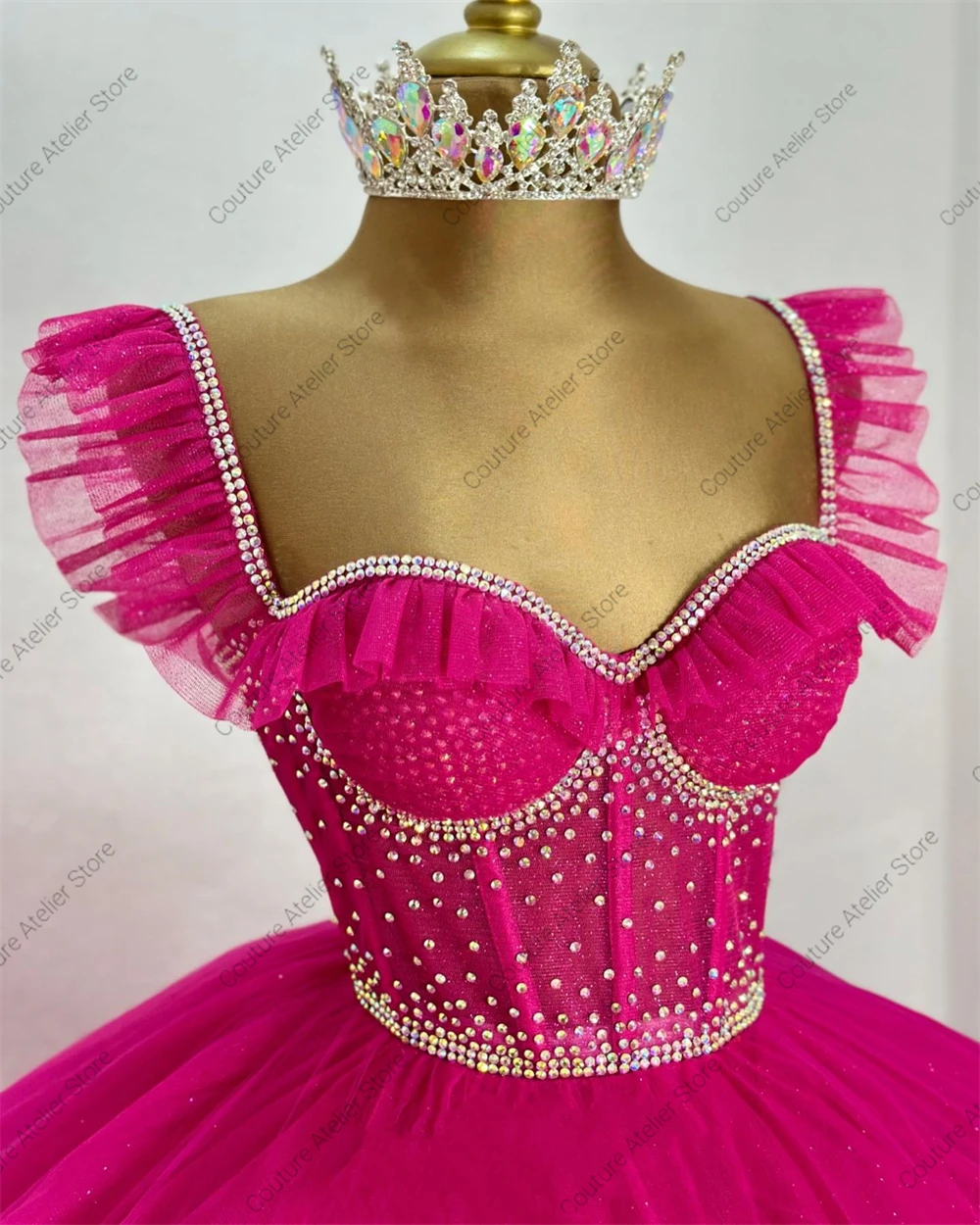 New Arrival Hot Pink Ruched Train Tulle Quinceanera Dresses Ball Gown 2024 Princess Corset Sweet 16 Dresses Wedding Gown Luxury