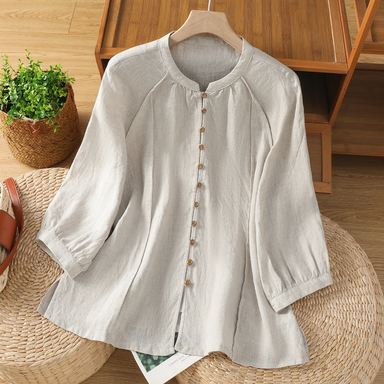 

Artistic Vintage Faionable Loose Women's Stand Collar irt Design Sensation Casual Autumn Stand Collar Small irt Open Ca...