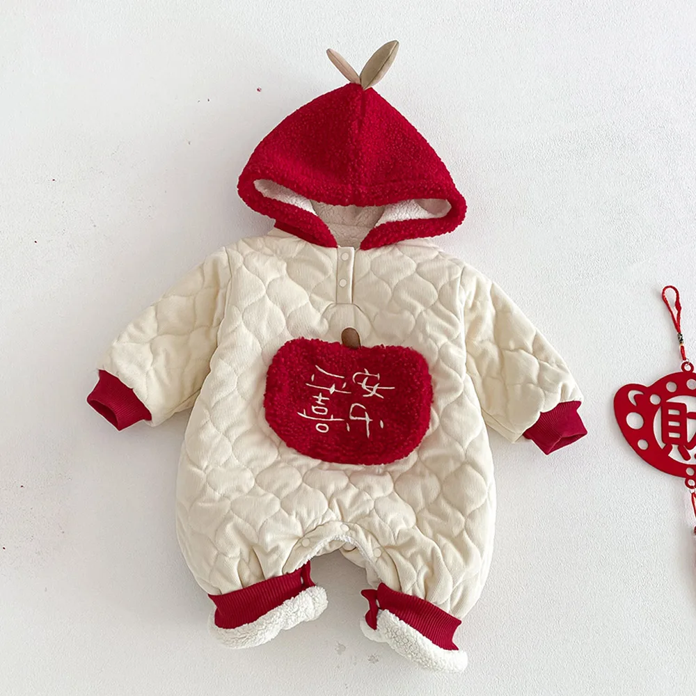My First Christmas Baby Romper Hooded Fleece Warm Newborn Winter Clothes Chinese New Year Unisex Baby Jumpsuit For Boys Girls