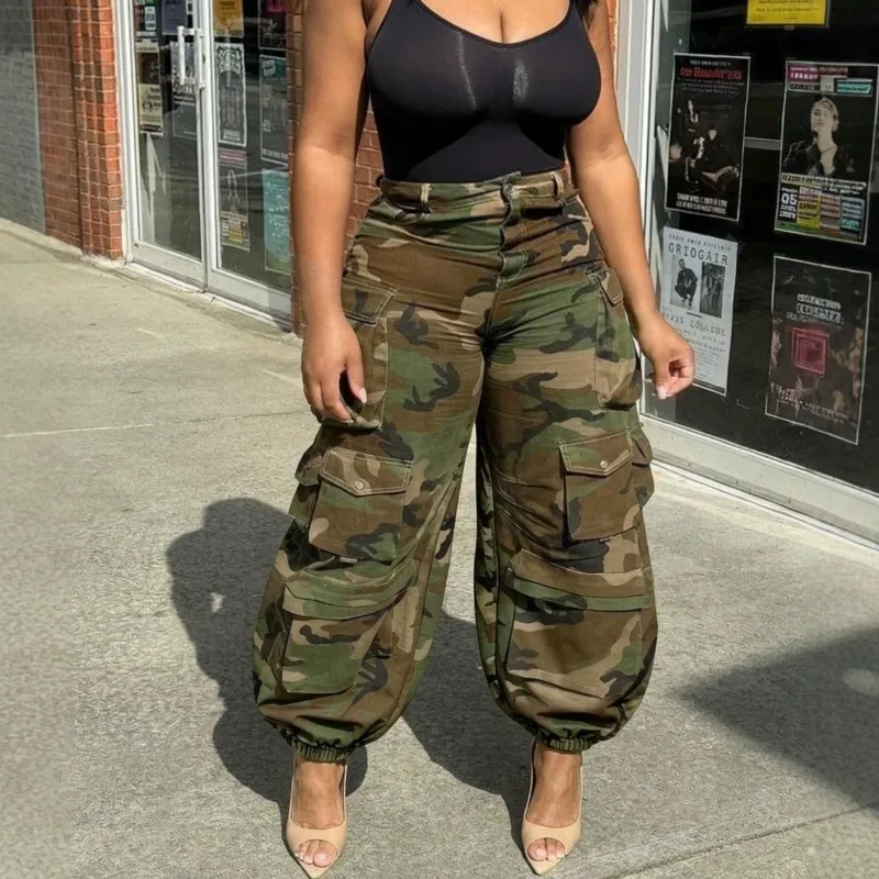 Women Streetwear Camo Cargo Pants Loose Multi Pocket Denim Jogger Long Trousers Hip Hop Bottoms