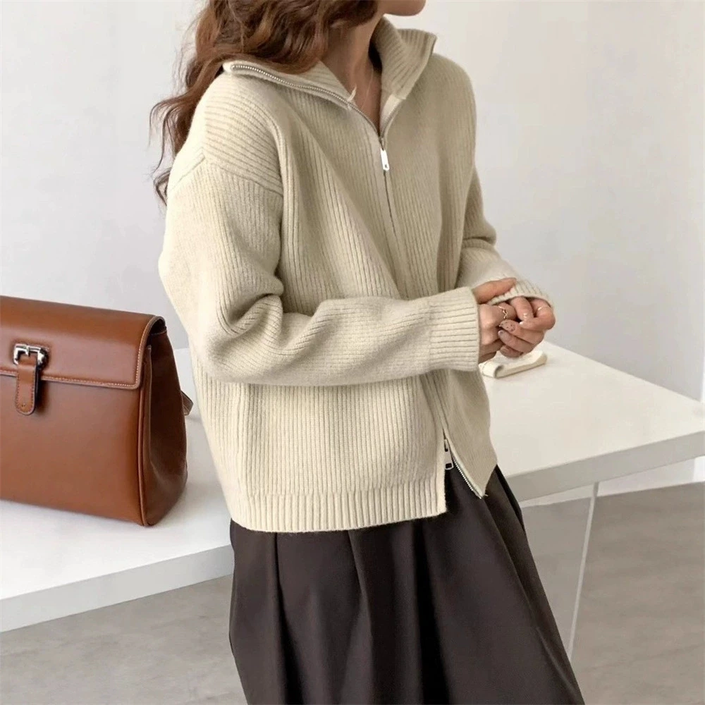 2025 Korean lazy style double zipper knitted cardigan jacket for women's autumn and winter solid color loose sweater women's top
