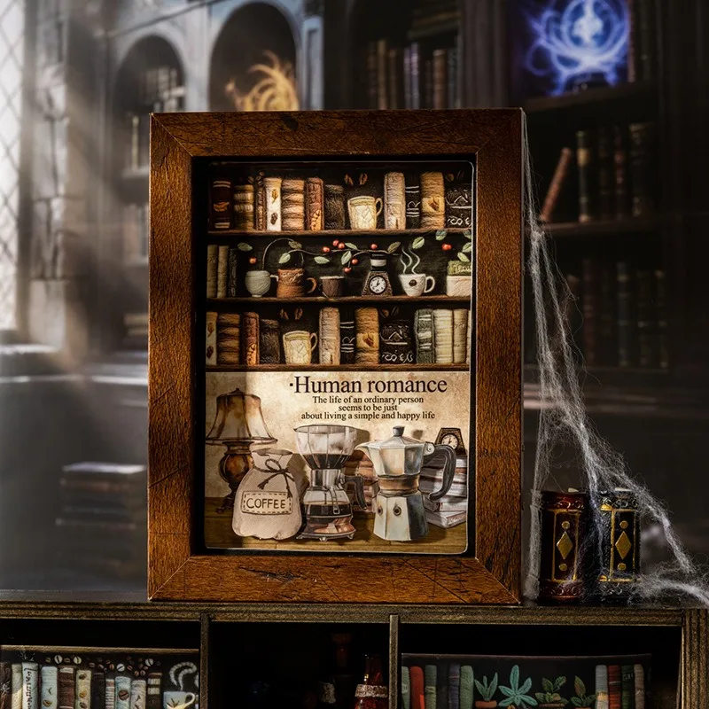 6 retro PET material magic bookcase themed waterproof self-adhesive DIY planner decoration scrapbook material reusable stickers