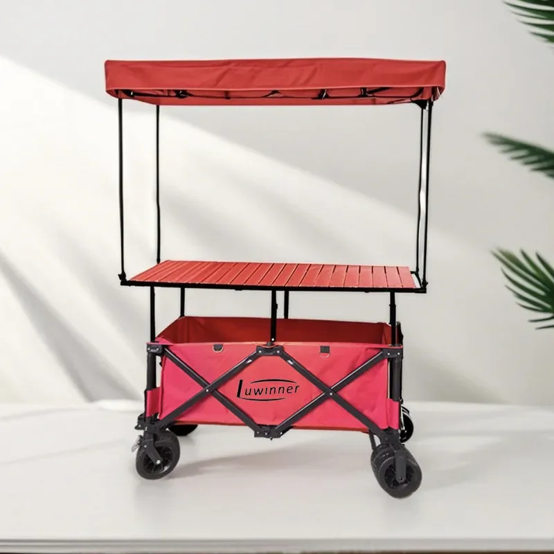 Red Folding Mobile Stall Cart with Lifting Egg Roll Table and Awning for Night Market Outdoor Vending