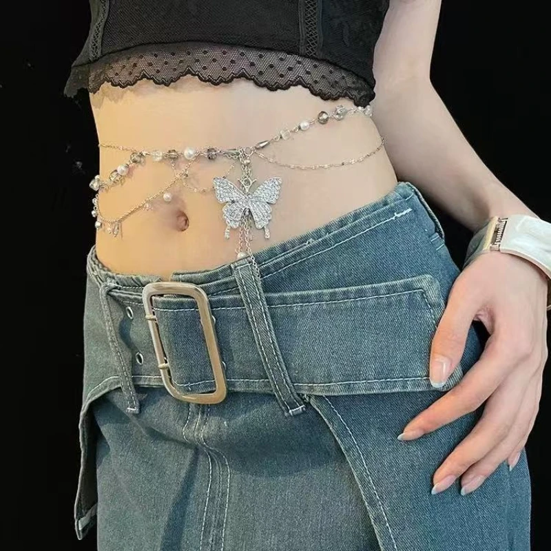

Y2k Butterfly Waist Chain for Women Multilayer Pearl Tassel Metal Crystal Body Belly Chains Summer Beach Party Jewelry Gifts