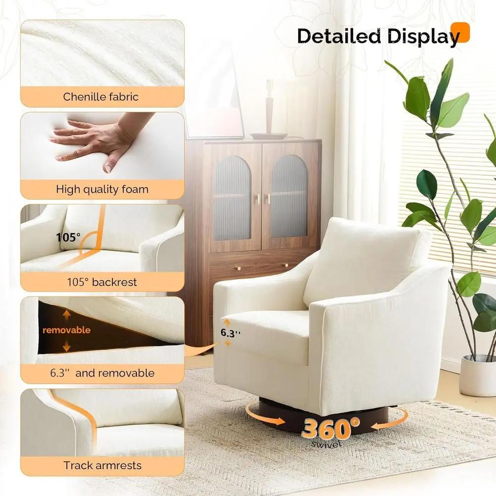 Swivel Accent Chairs Set of 2, 360° Upholstered Armchairs for Home, Living Room, Bedroom, Reading Room, Club - Chenille Beige 3