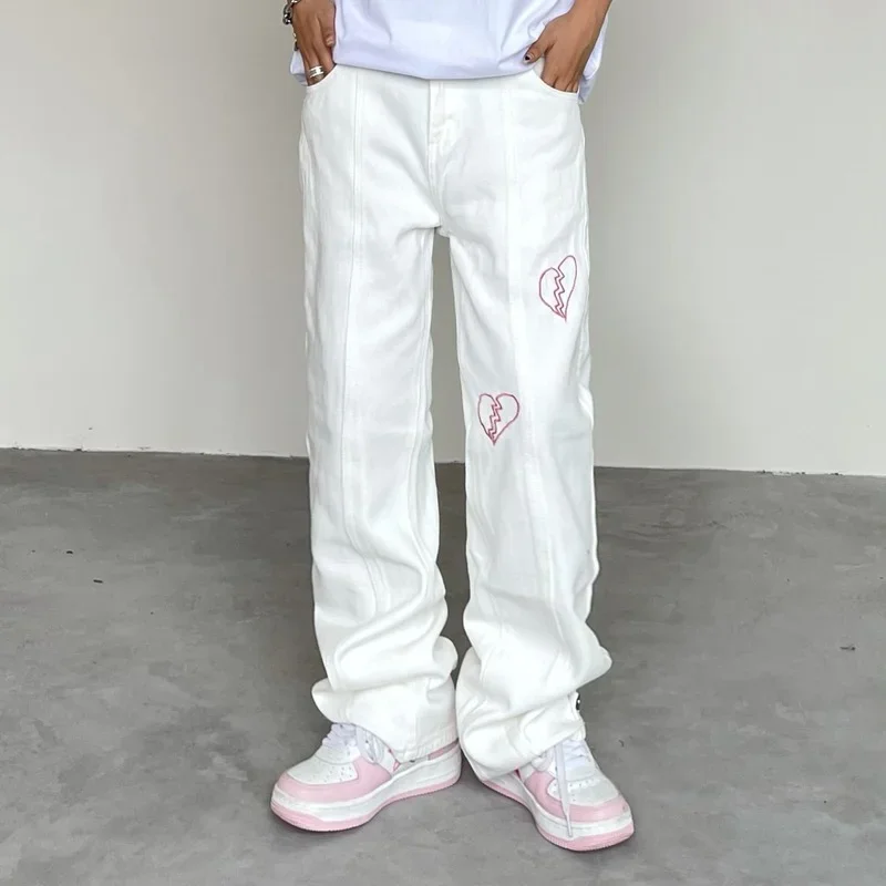 Y2k Heartbreak Graphic Jeans pantaloni a gamba larga Street Wear Highstreet Design BF Jeans larghi Jeans strappati Jeans a gamba dritta