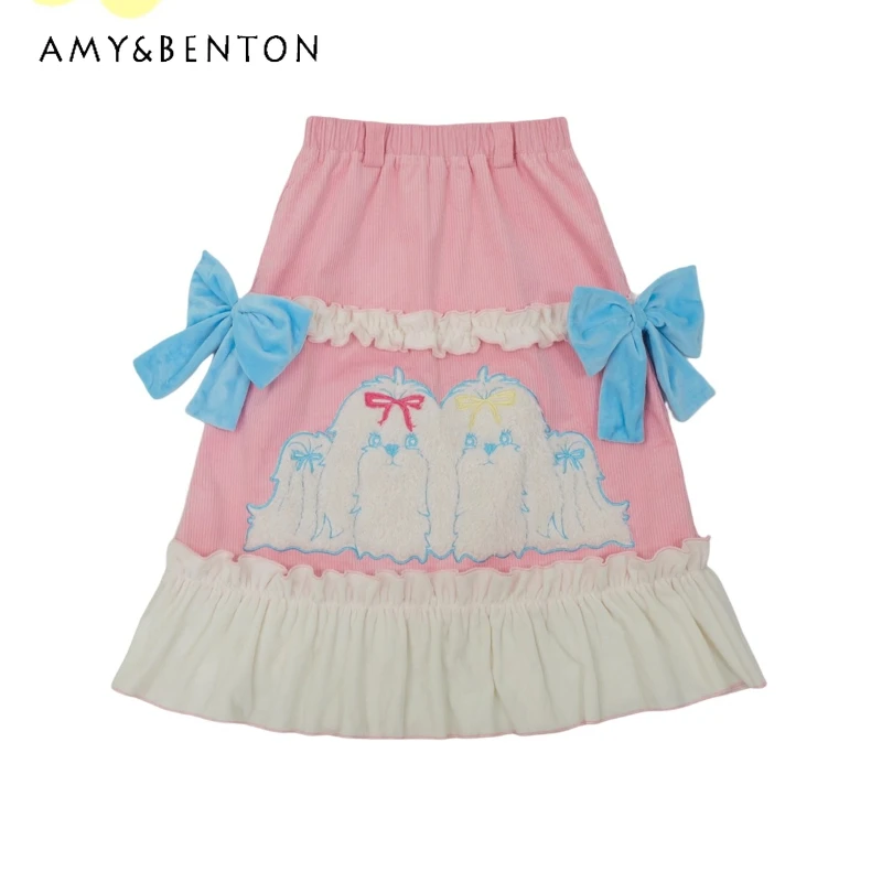 

Japanese Original Design Animal Bow Print Women's Long Skirt Autumn Winter New Sweet Pink Corduroy Cute Lace Half Skirts Ladies