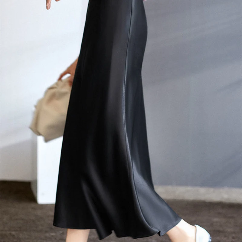 Spring Autumn High Waist Elegant Fashion Satin Skirt Office Lady Temperament Solid Simple All-match Folds Skirts Female Clothes