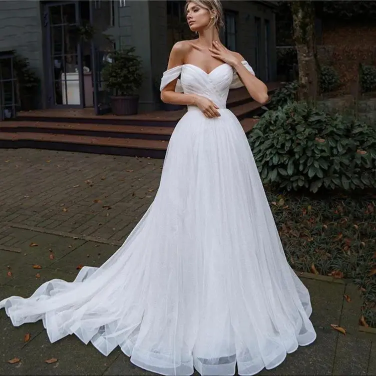 

Classic Romantic Off Shoulder Glitter Tulle Wedding Dress Sweetheart Straps Bridal Gowns Robe De Mariée Beach Sweep Train