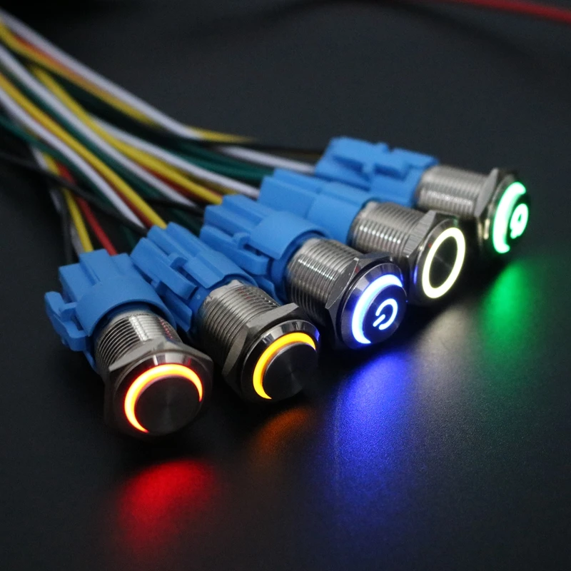 16MM metal button switch, self resetting, self-locking, start stop button, red, yellow, green light with wire circular 3V12V220V