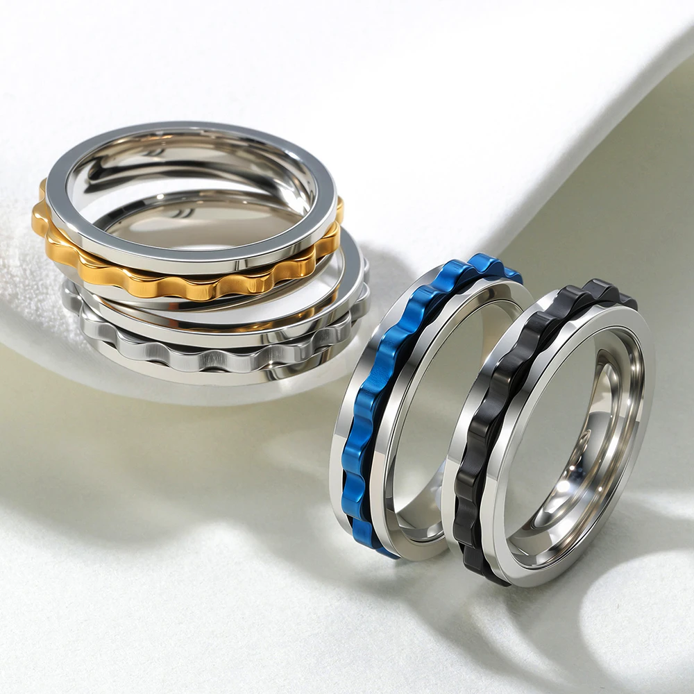 6mm Anti Stress Rotatable Gear Chain Stainless Steel Ring for Men Punk Anxiety Spinner Fidget Rings Rock Biker Jewelry Gifts