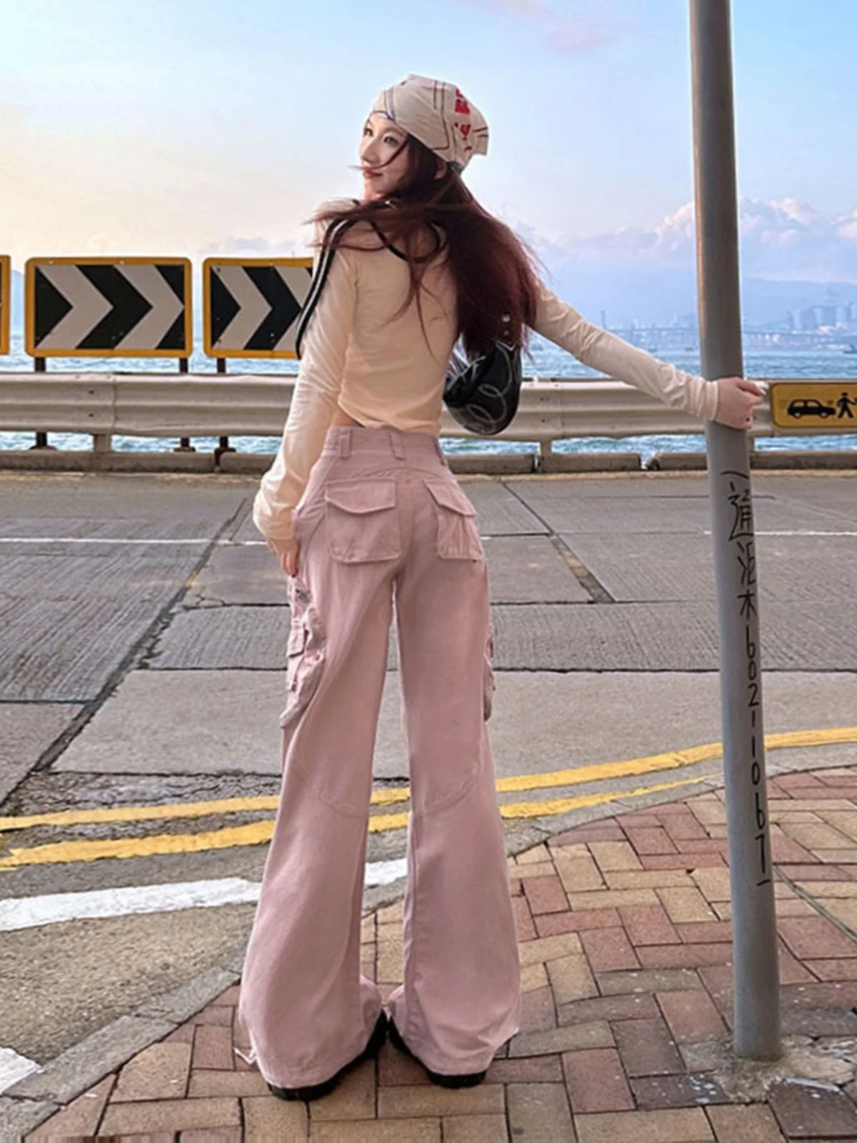 

Pink High Waist Flared Work Pants Women's Multiple kets Adjustable Dstring Casual Bell Bot Universal Sle
