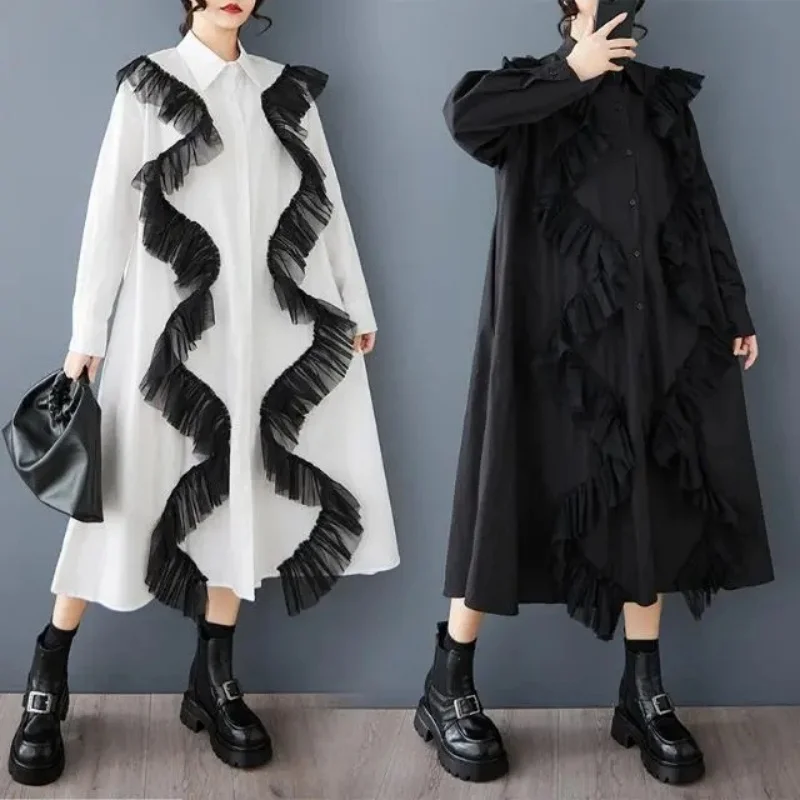 

Платье-рубашка для женщин, свободного кроя, с длинным рукавом, новинка 2026 года | Повседневное платье с сетчатыми вставками, милое и стильное | Весенне-осенняя блузка-туника W2336