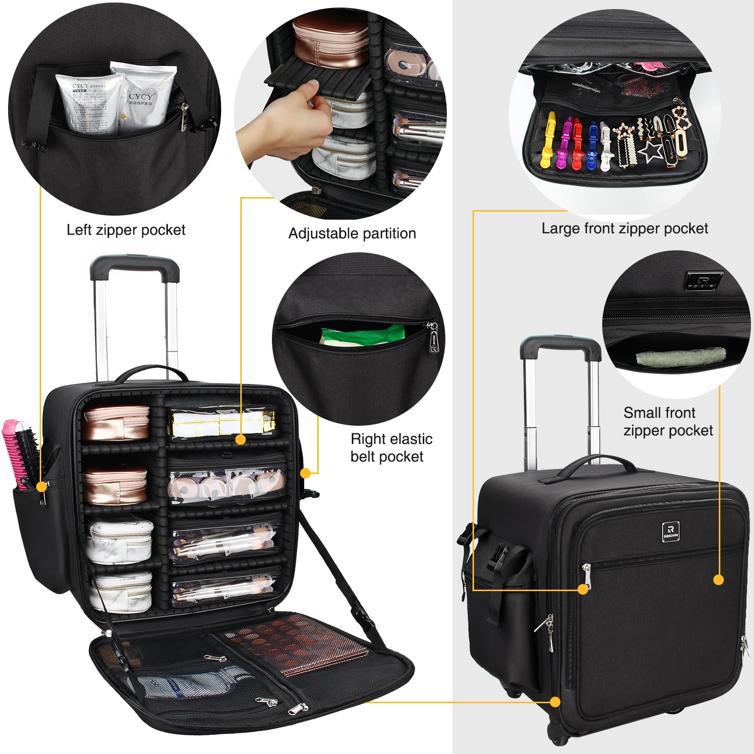 for Relavel Portable Trolley Cosmetic Case for Business Trip Makeup Artist With Adjustable Partition Universal Wheel