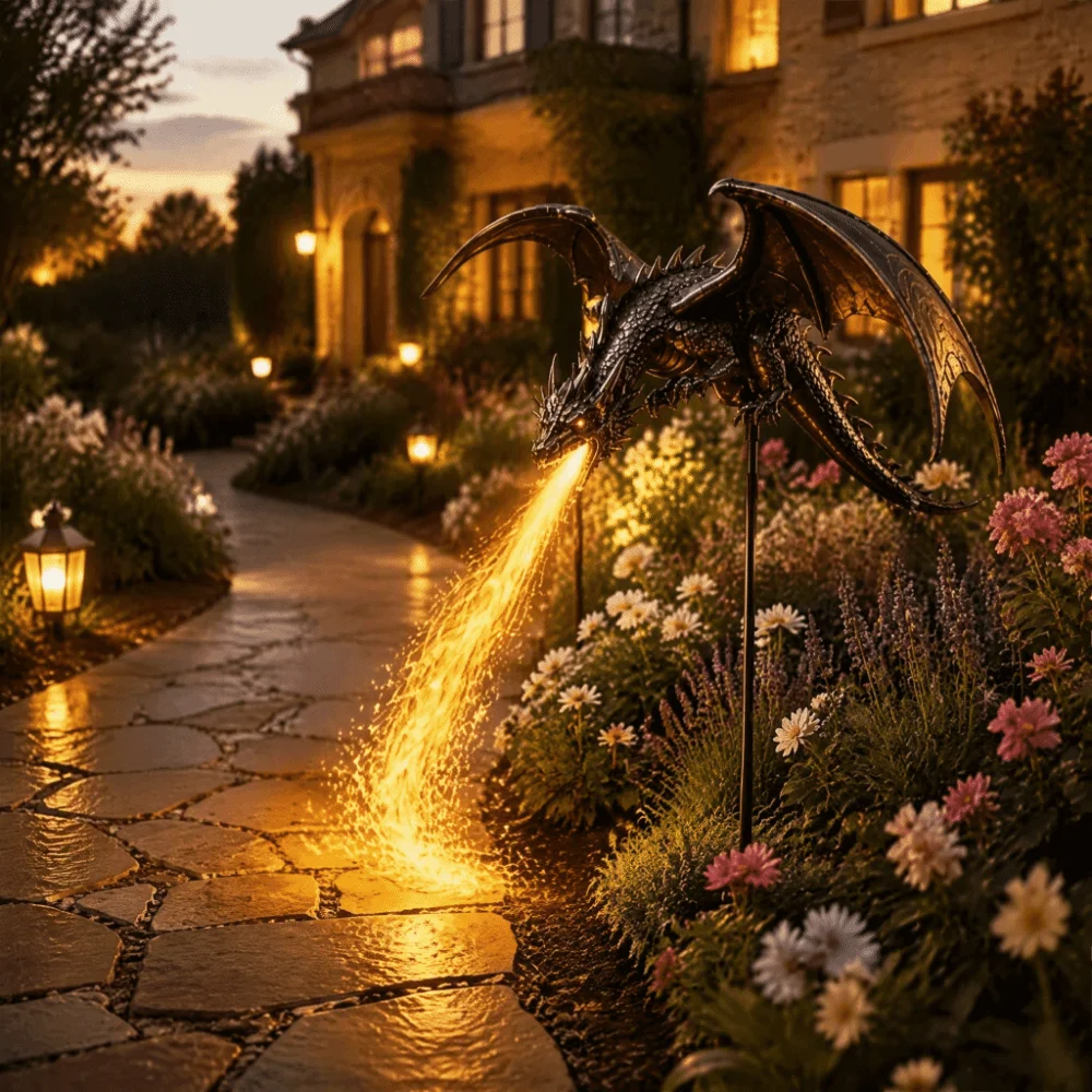 Solar Powered Solar Garden Light Waterproof Resin Craft Solar Fire Garden Lamp Dragon Fire Design Resin Artwork Landscape Lamp