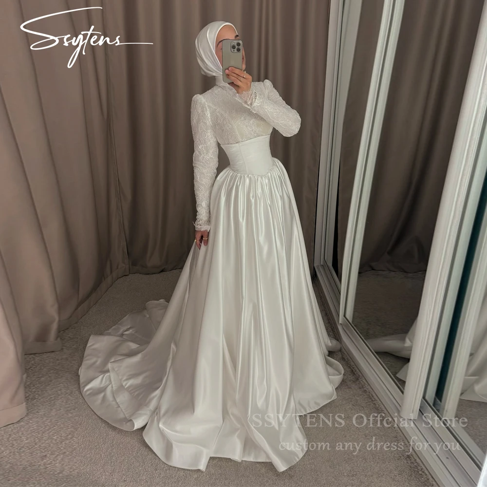

SSYTENS Ivory Full Lace Muslim Wedding Dresses High Neck Long Sleeve Hijab Bridal Gowns Brides Elegant Islamic Vestidos De Novia