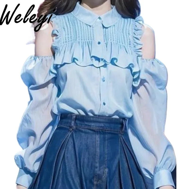 

Lolita Style Blue Off Shoulder Shirt Japanese Fashion 2024 Summer Women Sweet Versatile Long Sleeve Casual Koszule I Bluzki Top