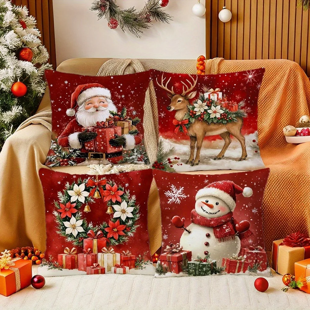 2D Flat Printing 4PCS Christmas Throw Pillow Covers 18x18 Inch Santa Deer Snowman Double Sided Print Cushion Cases Home Decor