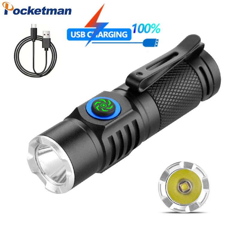 Outdoor Mini Aluminum Alloy Super Bright LED Flashlight Type-C USB Rechargeable Torch 3 Lighting Modes Emergeny Light