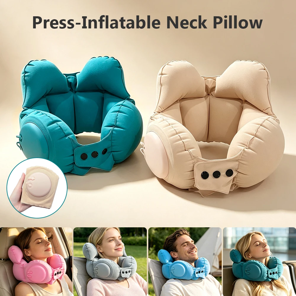 1 aufblasbares Nackenkissen, tragbares Reisekissen, verstellbares Snap-On-Press-Inflatable-Design, ergonomische Kopfstütze, geeignet für den Einsatz in Flugzeugen, Zügen, Büros und zu Hause – Detail 1